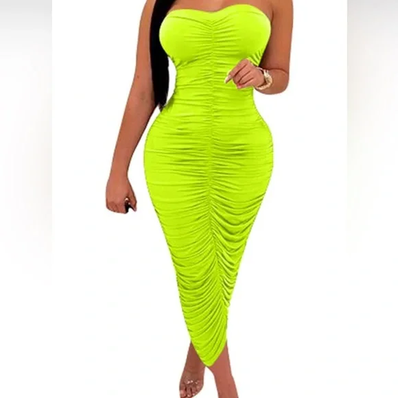 Dresses | Womens Sexy Ruched Strapless Bodycon Tube Maxi Long Dress Neon Green Small | Poshmark Dresses | Womens Sexy Ruched Strapless Bodycon Tube Maxi Long Dress Neon Green Small | Poshmark